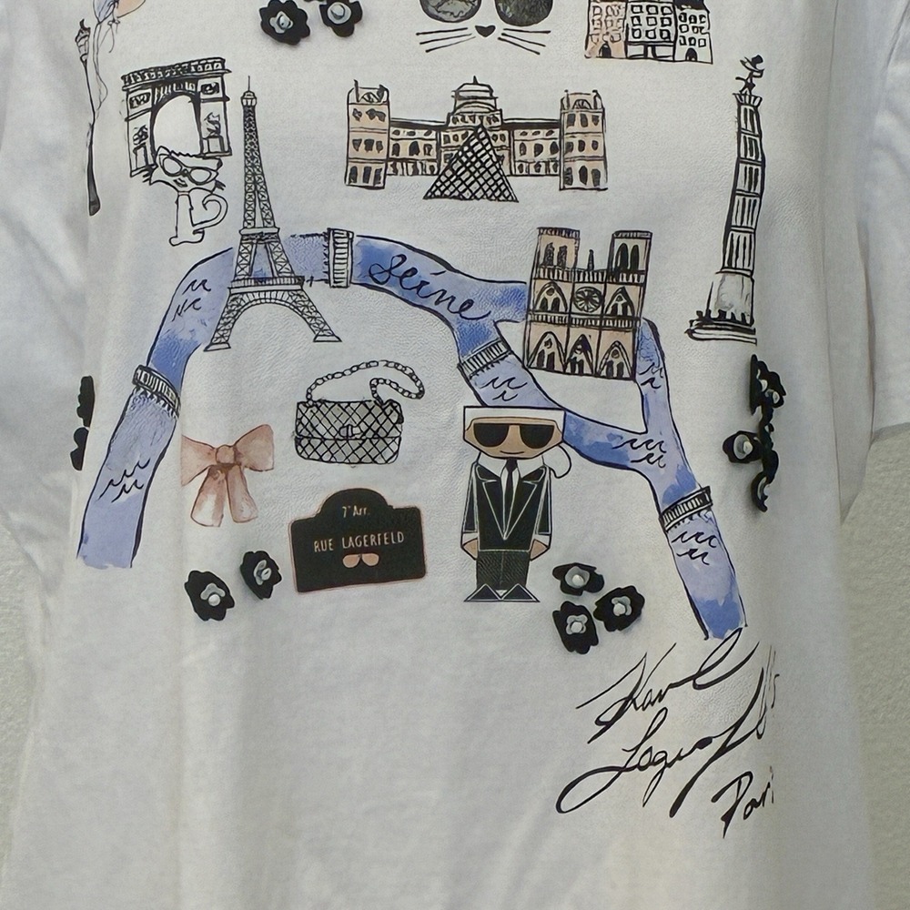 Karl Lagerfeld Paris Bow Trim Eiffel Tower T-Shirt Womens Size L 3D Applique - Picture 2 of 10